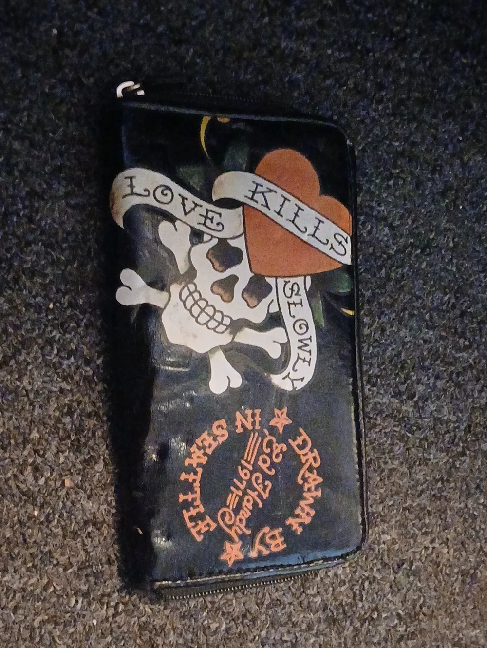 Ed Hardy Black Zip Wallet with Skull & Orange Heart Graphic